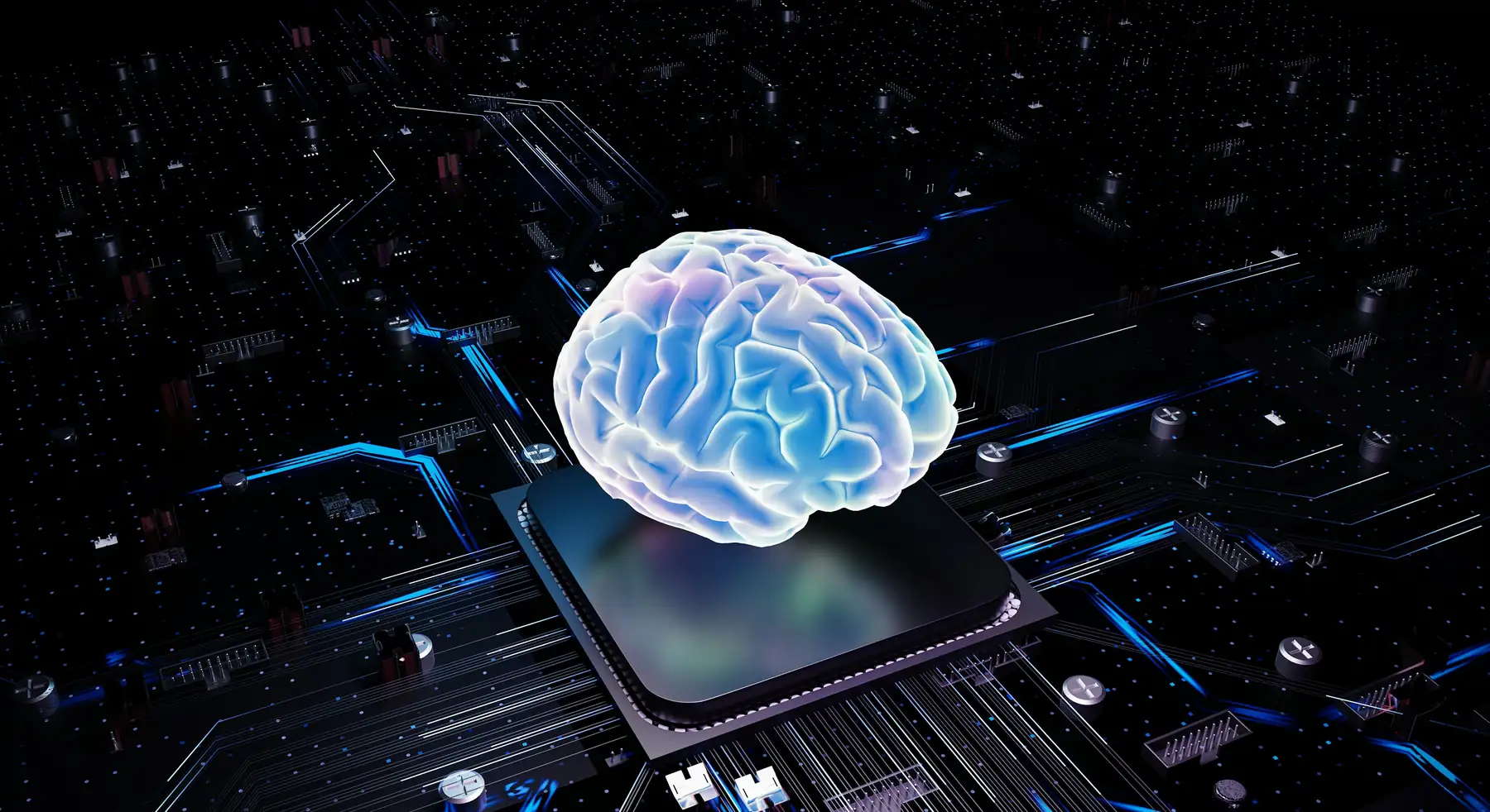Un cerveau lumineux posé sur une puce électronique, image de l'intelligence artificielle