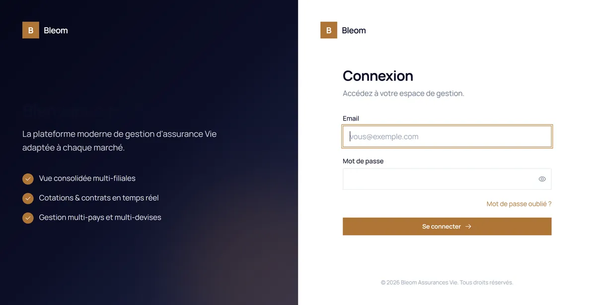 Écran de connexion de BLEOM, la plateforme de gestion d'assurance Vie.
