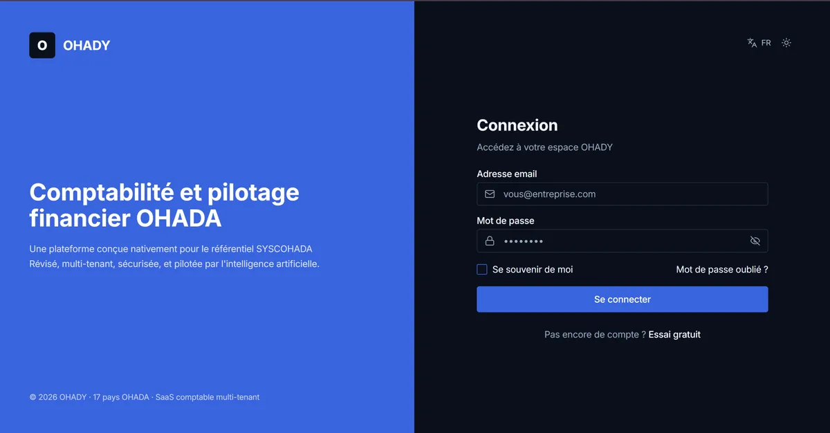 Écran de connexion d'OHADY AI : « Comptabilité et pilotage financier OHADA ».
