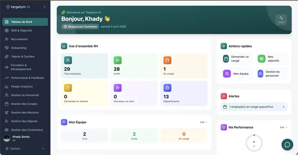 Tableau de bord de Targetym AI : l'accueil du collaborateur et ses indicateurs RH.